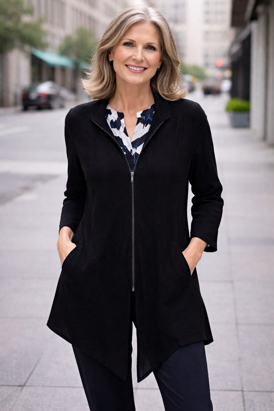 Fridaze Black 100% Linen Full Zip Top Lagenlook Coastal Lightweight Women Lrg